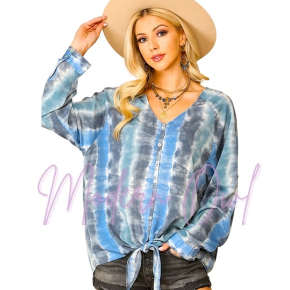 Tie Dye LS Button Up Shirt with Tied Hem - Picture 3 of 5